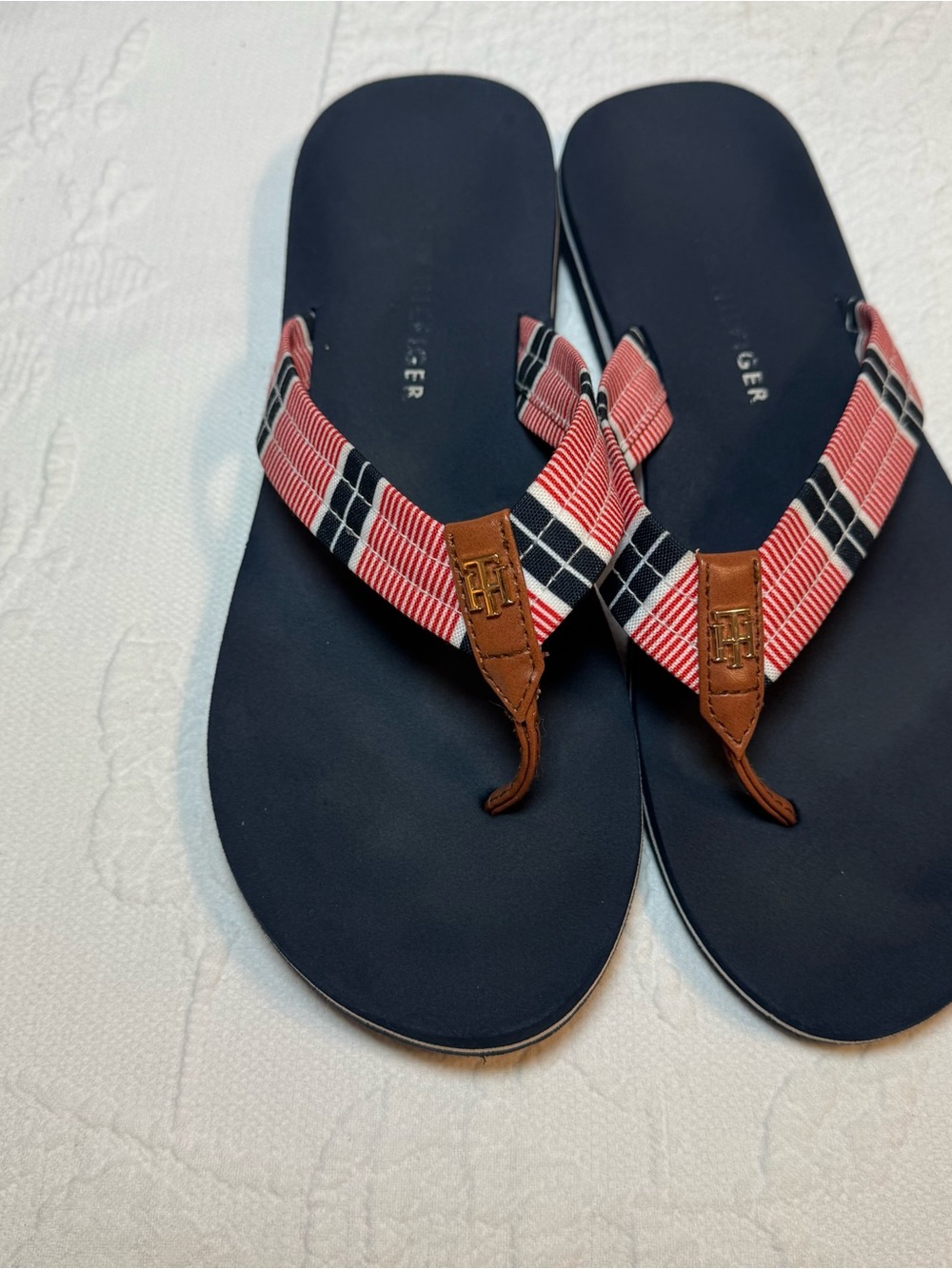 Tommy Hilfiger Men’s Navy Flip Flops with Red Plaid Straps and Brown Trim
